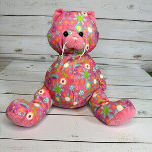 Ganz Pink Floral Plush Cat 10" Stuffed Animal with Blue Green Yellow Flowers